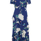 Yumi Navy Mesh Bird And Floral Print Midi Dress With Ruffles