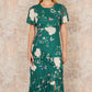 Yumi Green Mesh Bird And Floral Print Midi Dress With Ruffles
