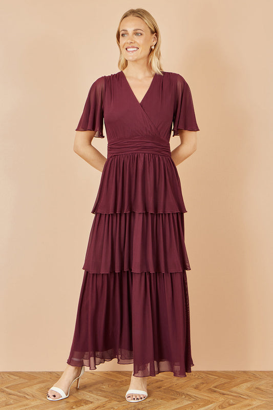 Yumi Burgundy Mesh Tiered Maxi Dress