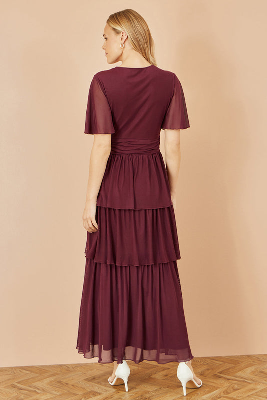 Yumi Burgundy Mesh Tiered Maxi Dress