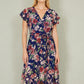 Yumi Blue Floral Wrap Midi Dress With Frill Hem