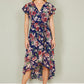 Yumi Blue Floral Wrap Midi Dress With Frill Hem