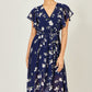 Yumi Navy Floral Wrap Midi Dress With Frill Hem