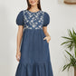 Yumi Blue Chambray Denim Midi Dress With Embroidery And Puff Sleeves