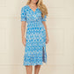 Yumi Blue Geo Print Puff Sleeve Midi Split Hemline