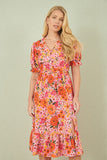 Yumi Pink Floral Midi Dress With Frill Hem and Puff Sleeves