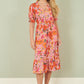 Yumi Pink Floral Midi Dress With Frill Hem and Puff Sleeves