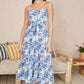 Yumi Blue Floral Strappy Midi Dress With Front Tie