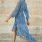 Yumi Blue Paisley Dipped Hemline Midi Dress With Open Long Sleeves
