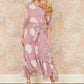 Yumi Pink Bird and Floral Print Midi Wrap Dress