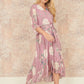 Yumi Pink Bird and Floral Print Midi Wrap Dress