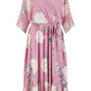 Yumi Pink Bird and Floral Print Midi Wrap Dress