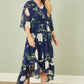 Yumi Navy Bird and Floral Print Midi Wrap Dress