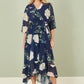 Yumi Navy Bird and Floral Print Midi Wrap Dress