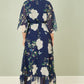 Yumi Navy Bird and Floral Print Midi Wrap Dress