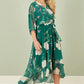 Yumi Green Bird and Floral Print Midi Wrap Dress