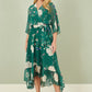 Yumi Green Bird and Floral Print Midi Wrap Dress