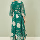Yumi Green Bird and Floral Print Midi Wrap Dress