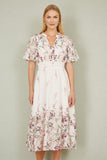 Yumi White Mirrored Floral Button Up Midi Dress With Ruched Waist