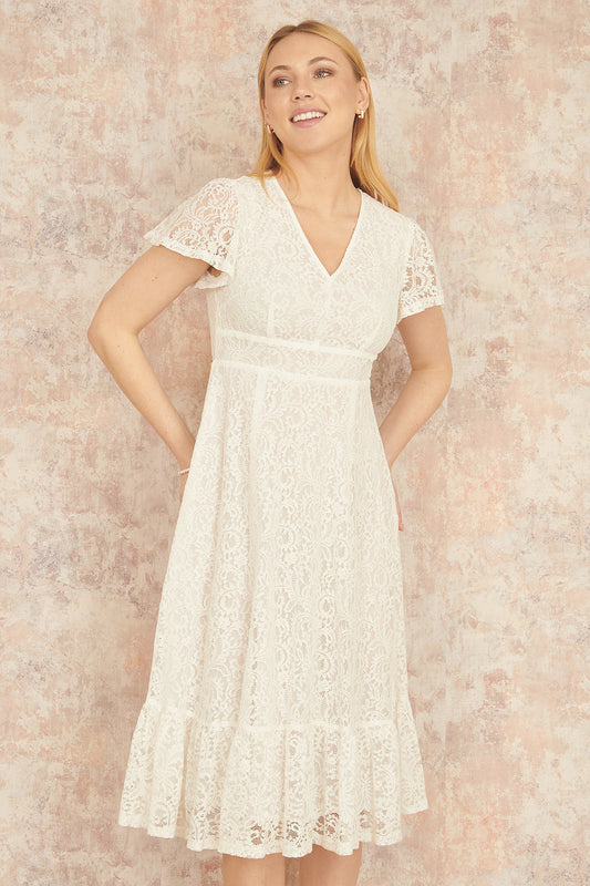 Yumi White Lace Midi Skater Dress