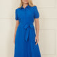 Yumi Blue Cotton Shirt Midi Dress With Cut Out Details