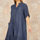 Yumi Blue Chambray Denim Dip Hem Relaxed Fit Shirt Dress