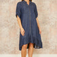 Yumi Blue Chambray Denim Dip Hem Relaxed Fit Shirt Dress