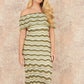 Yumi Green Stripe Crochet Knit Bardot Midi Dress