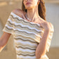 Yumi Beige Stripe Crochet Knit Bardot Midi Dress