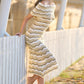 Yumi Beige Stripe Crochet Knit Bardot Midi Dress