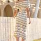 Yumi Beige Stripe Crochet Knit Bardot Midi Dress