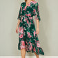 Yumi Dark Green Kimono Sleeves Midi Dip Hem Wrap Midi Dress