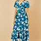 Yumi Teal Floral Button Down Floral Midi Dress