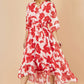 Yumi Red Kimono Sleeves Dip Hem Wrap Midi Dress