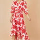 Yumi Red Kimono Sleeves Dip Hem Wrap Midi Dress