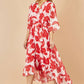 Yumi Red Kimono Sleeves Dip Hem Wrap Midi Dress