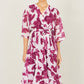Yumi Pink Kimono Sleeves Midi Dip Hem Wrap Midi Dress