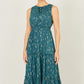 Yumi Teal Foil Print Ruched Waist Midi Dress With Tie Notch Neckline