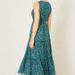 Yumi Teal Foil Print Ruched Waist Midi Dress With Tie Notch Neckline