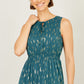 Yumi Teal Foil Print Ruched Waist Midi Dress With Tie Notch Neckline
