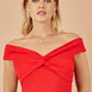 Yumi Red Jersey Cotton Bardot Top With Knot Detail