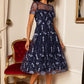 Yumi Navy Embroidered Mesh Midi Dress