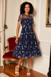 Yumi Navy Embroidered Mesh Midi Dress