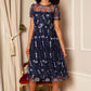 Yumi Navy Embroidered Mesh Midi Dress