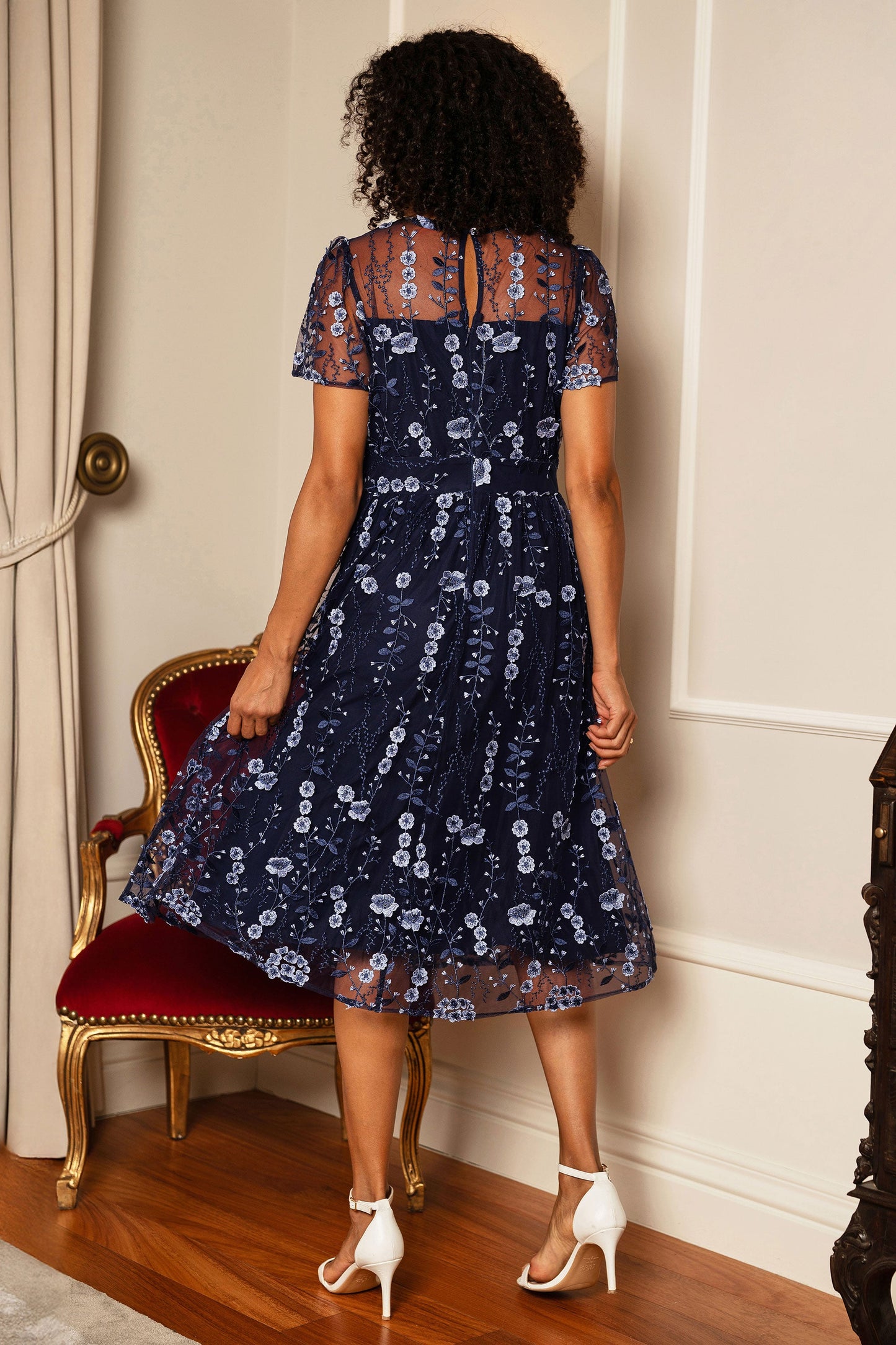 Yumi Navy Embroidered Mesh Midi Dress