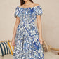 Yumi Blue Ruched Waist Bardot Blossom Tree Print Midi Dress