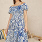 Yumi Blue Ruched Waist Bardot Blossom Tree Print Midi Dress