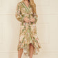 Yumi Green Viscose Scarf Print Tie Front Midi Dress With Dip Hem