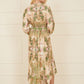 Yumi Green Viscose Scarf Print Tie Front Midi Dress With Dip Hem