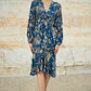 Yumi Blue Butterly Floral Tie Knot Front Long Sleeve Midi Dress